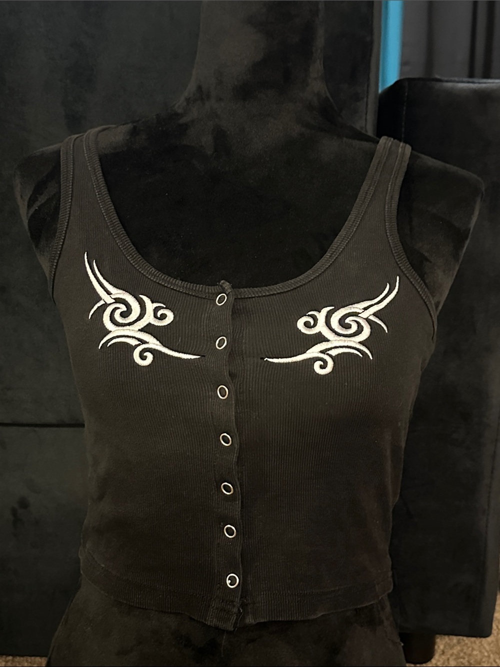 dELiA*s Black Ribbed Button-Front Crop Tank with White Tribal Stitching